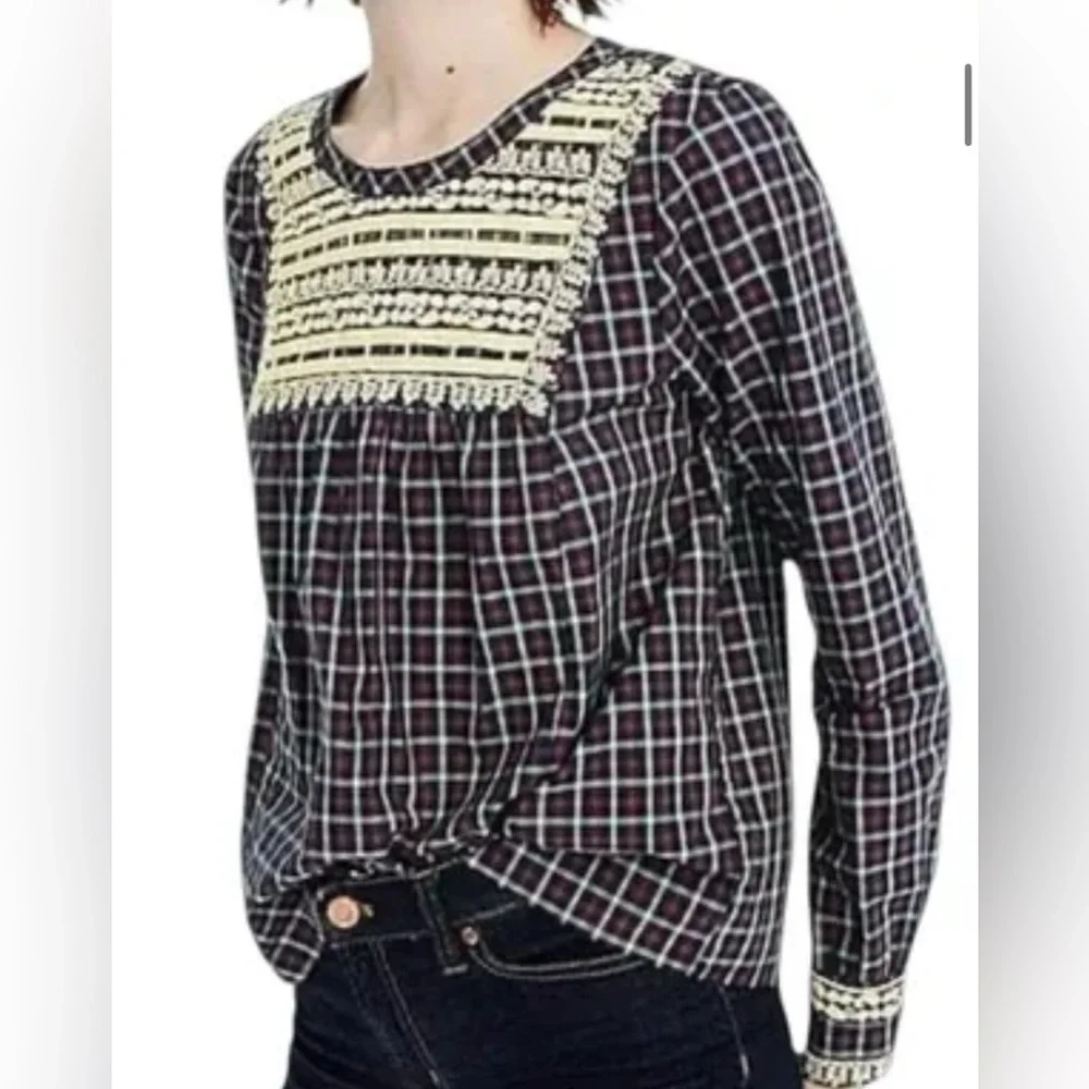 NWT J.Crew Embroidered in Gold Holiday Plaid Peasant Blouse Top PXS
